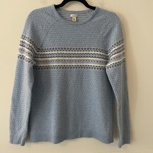 LL Bean Womens XL 100% Cashmere Fair Isle Sweater Icy Blue Quiet Luxury Winter